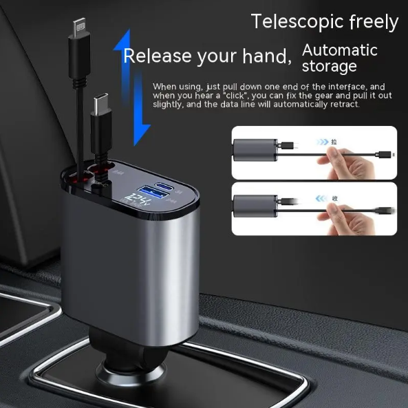 100W Metal Car Charger – Fast Charge 3 Devices at Once | USB-A + Dual USB-C | Retractable Cables