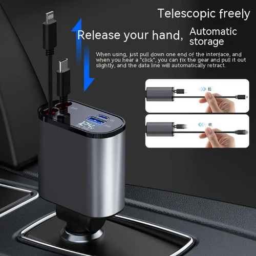 100W Metal Car Charger – Fast Charge 3 Devices at Once | USB-A + Dual USB-C | Retractable Cables
