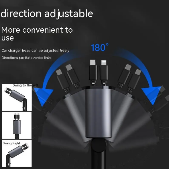 100W Metal Car Charger – Fast Charge 3 Devices at Once | USB-A + Dual USB-C | Retractable Cables